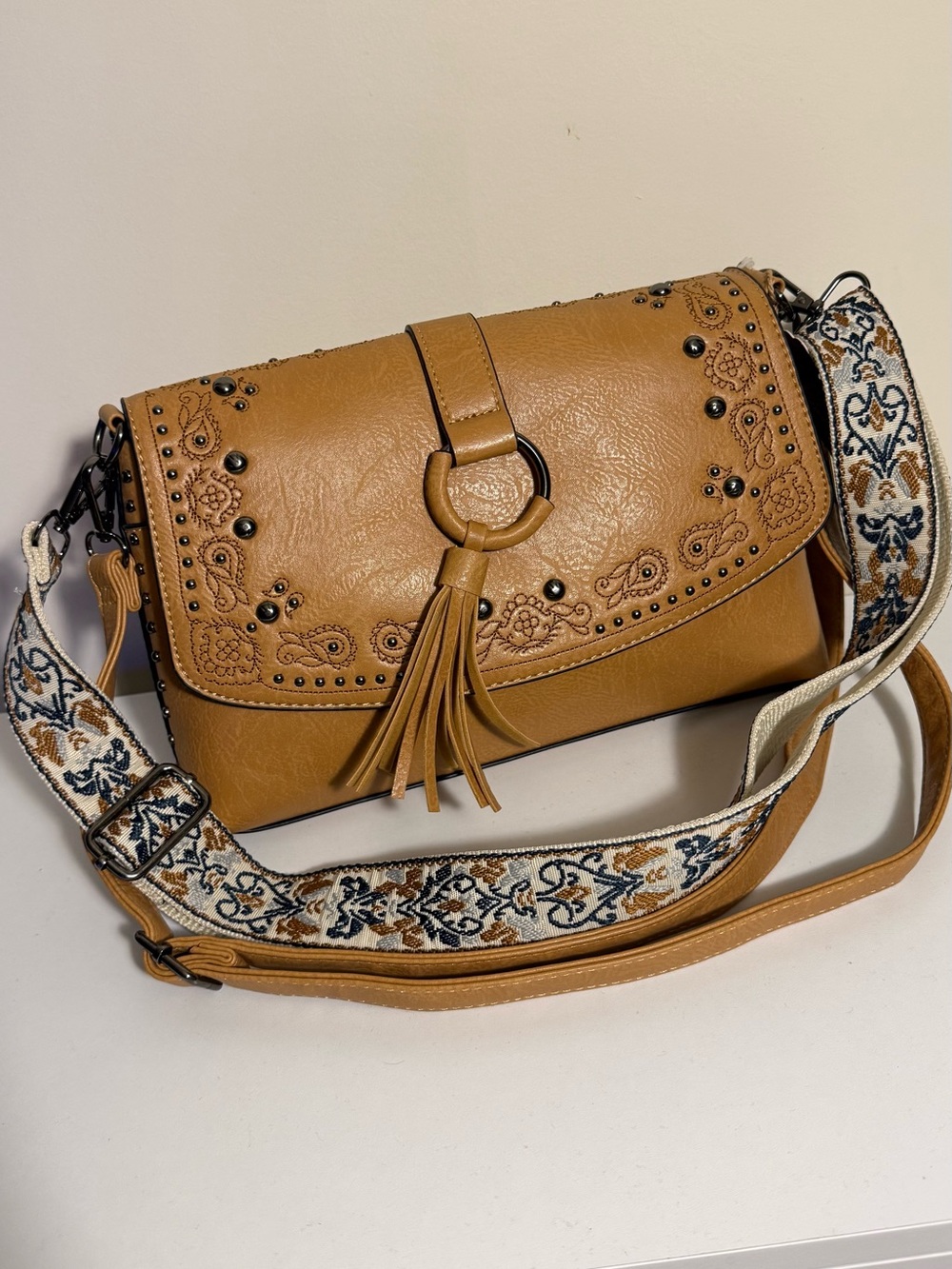 Embroidered Tassel Crossbody Bag in Tan
